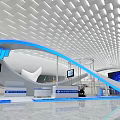 DJI Modern Exhibition Booth Design With Curved Structure Blue Lighting And Display Monitors 3d model