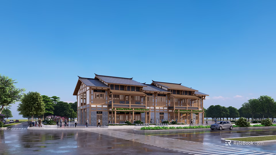 Traditional Office Building With Sloped Roof Wooden Facade Green Trees And Pedestrians 3d model 