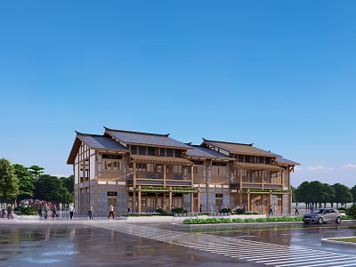 Traditional Office Building With Sloped Roof Wooden Facade Green Trees And Pedestrians 3d model