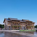 Traditional Office Building With Sloped Roof Wooden Facade Green Trees And Pedestrians