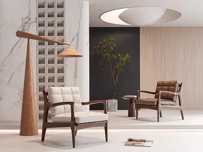 Light And Dark Leisure Chairs With Wooden Frame Floor Lamp Green Plant In Modern Room 3d model