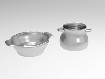 Silver Metal Kitchen Containers With Two Handled Bowl And Pot Design 3d model