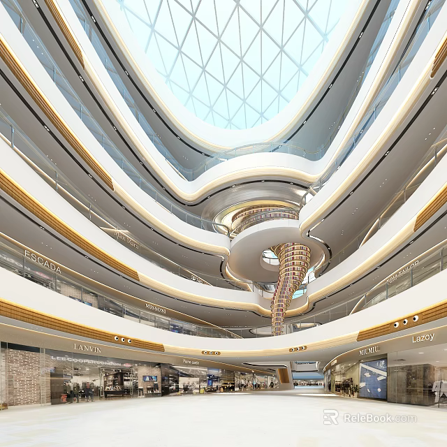 Modern Shopping Mall Interior With Multi Level Structure Spiral Staircase And Glass Dome 3d model 