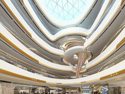 Modern Shopping Mall Interior With Multi Level Structure Spiral Staircase And Glass Dome 3d model