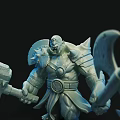 Sculpture Carving Fantasy Style Muscular Warrior Figure Holding Giant Hammer And Axe With Armor Details