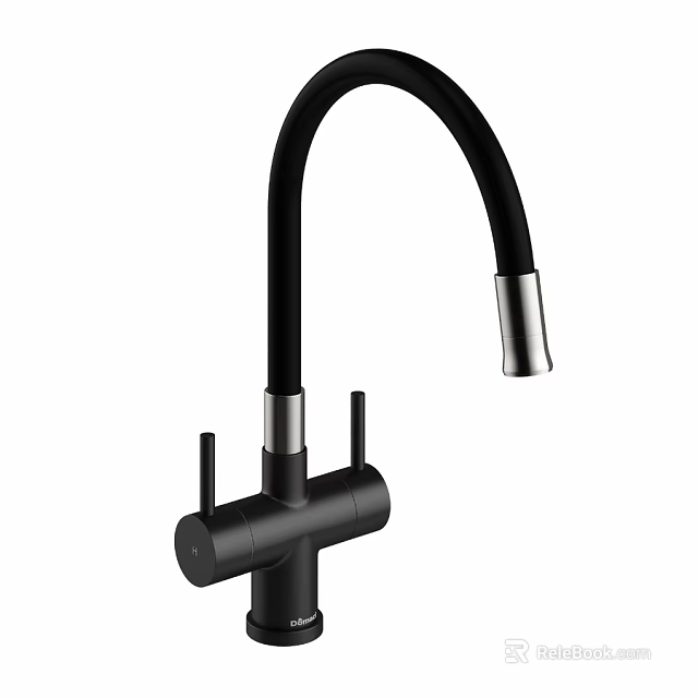 Black Modern Kitchen Faucet With Curved Spout And Stainless Steel Accents 3d model 