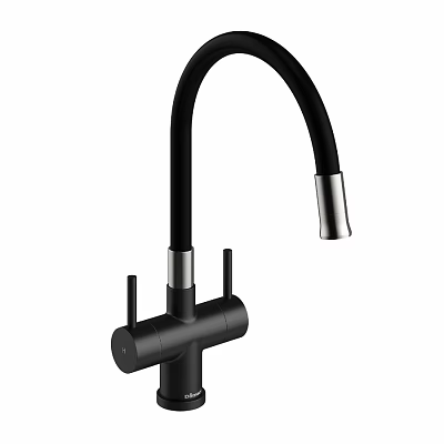 Black Modern Kitchen Faucet With Curved Spout And Stainless Steel Accents 3d model