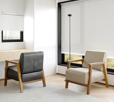 Modern Single Sofa With Gray Leather And Beige Fabric Wooden Legs And Window Blinds 3d model