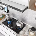 Modern Open Kitchen Interior With Cooktop Pans Coffee Maker And Appliances