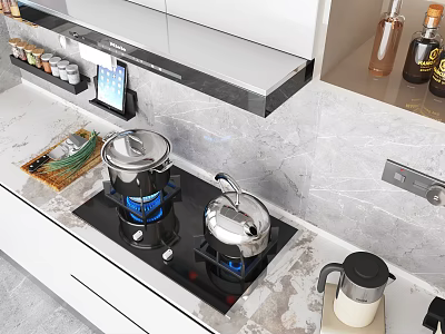 Modern Open Kitchen Interior With Cooktop Pans Coffee Maker And Appliances 3d model