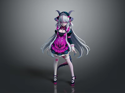 Game Movie Character With Silver White Hair Horned Hat Pink Black Dress And Tail 3d model