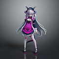 Game Movie Character With Silver White Hair Horned Hat Pink Black Dress And Tail