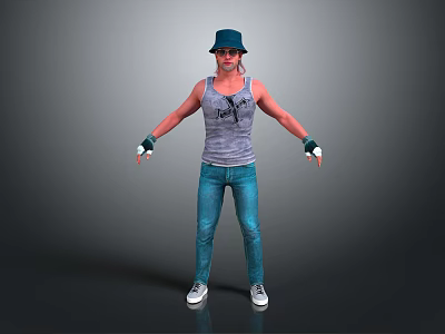 Man Wearing Blue Hat Gray Tank Top Jeans And Gloves Standing Pose 3d model