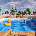 Blue Water Pool With Yellow Rubber Ducks Palm Trees And Umbrellas