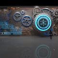 Industrial Heritage Museum Background Wall With Metallic Gears And Blue Lighting