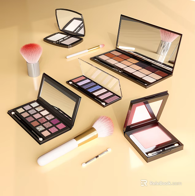 Vibrant Makeup Collection Featuring Eyeshadow Palettes Blush And Soft Brushes 3d model 