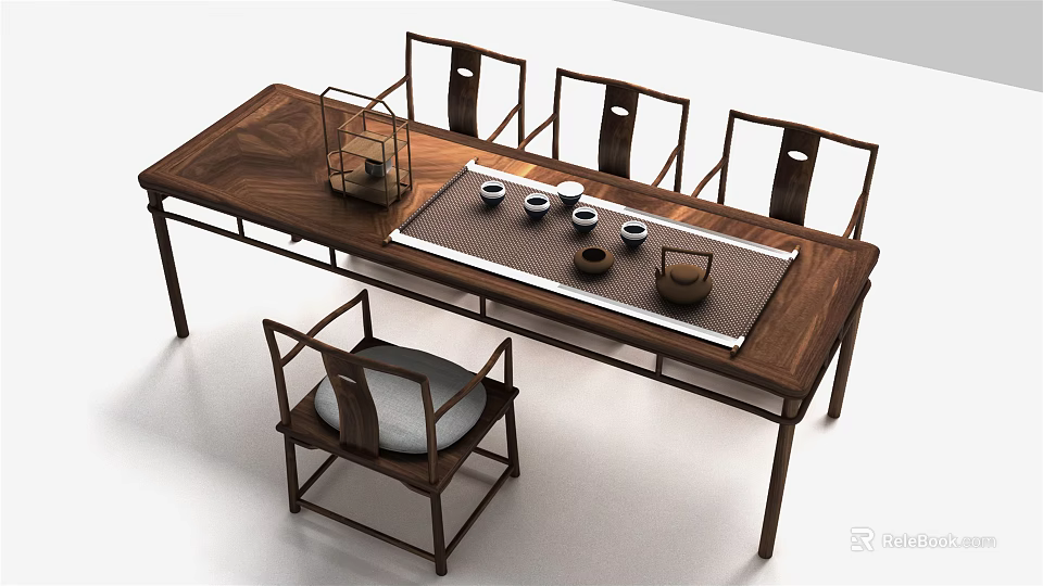 Traditional Chinese Wooden Tea Table and Chairs with Tea Sets and Lantern Decorations 3d model 