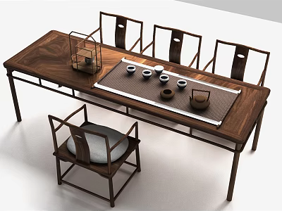 Traditional Chinese Wooden Tea Table and Chairs with Tea Sets and Lantern Decorations 3d model