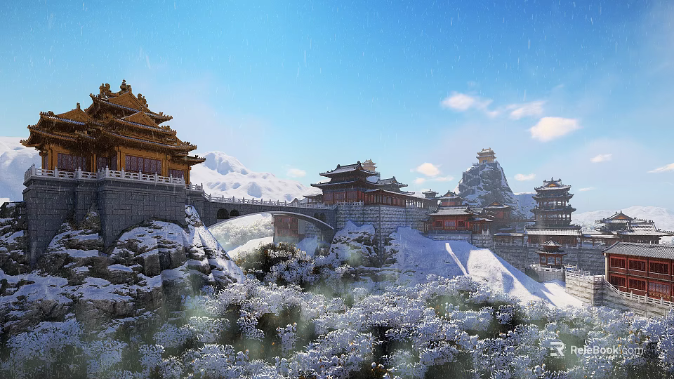 Ancient Chinese Palatial Architecture With Yellow Roofs Snow Covered Mountains Bridge Trees And Blue Sky 3d model 