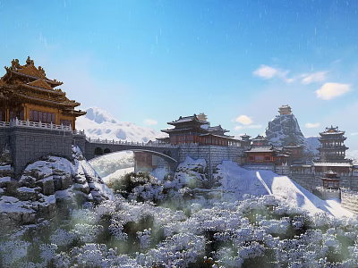 Ancient Chinese Palatial Architecture With Yellow Roofs Snow Covered Mountains Bridge Trees And Blue Sky 3d model