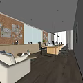 Modern Office Interior Design With Corkboard Wall Long Desk Sofa Coffee Table And Wooden Flooring