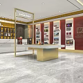 Tobacco and Liquor Store Interior with Golden Display Shelves Wine Tea Products and Marble Counter