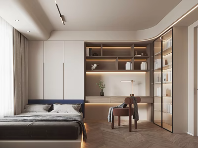 Modern Tatami Bedroom Interior With Tatami Bed Desk Table Lamp And Bookshelves 3d model
