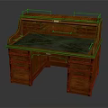Traditional Wooden Desk With Green Writing Surface Ornate Carvings Metal Accents And Drawers
