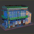 Cartoon Scene Two Story Building Tiled Roof Balcony Wooden Doors Outdoor Tables Chairs Red Object