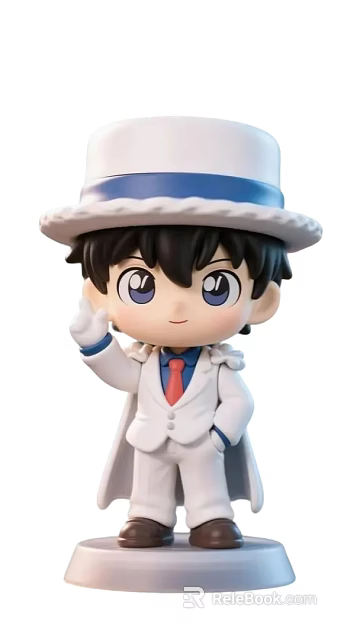 Cute Detective Doll With Blue Hat White Suit Red Tie Black Hair And Waving Hand 3d model 