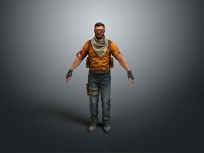 Man in Orange Shirt Scarf with Blue Jeans Tool Belt Standing on Gray Background 3d model