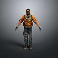 Man in Orange Shirt Scarf with Blue Jeans Tool Belt Standing on Gray Background