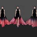 Women in elegant black gradient red long dresses standing on black background with reflections