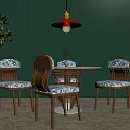 Modern Wooden Dining Table Set With Floral Pattern Chairs Green Wall And Pendant Light