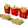 McDonald's French Fries In Red Containers With Scattered Pieces And Ketchup Packets
