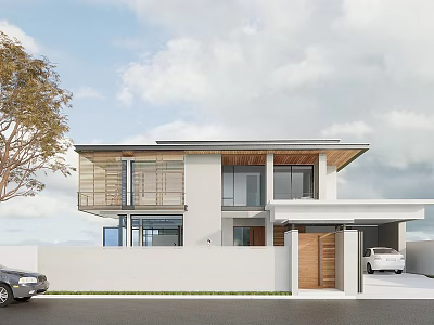 Modern Two Story Single Family House with Wooden Accents Glass Windows and Driveway Car 3d model