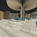 Modern Restaurant Interior With Hanging Lights White Chairs Blue Cushions And Wooden Tables
