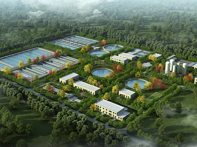 Industrial Factory Complex With Multiple Buildings Ponds And Forested Surroundings 3d model