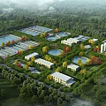 Industrial Factory Complex With Multiple Buildings Ponds And Forested Surroundings