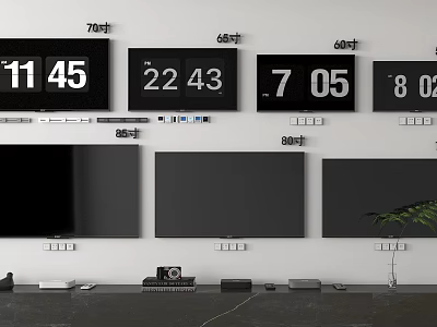 Wall Mounted Televisions With 70 46 65 80 Inch Screens And Digital Clocks Showing Time 3d model