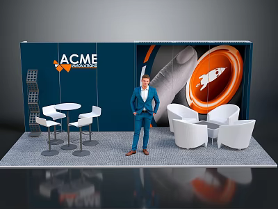 ACME Exhibition Booth Display With Blue Background Orange Accents White Furniture And Man 3d model