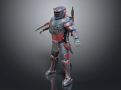 Armored Sci Fi Character Standing With Metallic Armor Red Details And Back Weapon 3d model