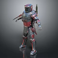 Armored Sci Fi Character Standing With Metallic Armor Red Details And Back Weapon 3d model