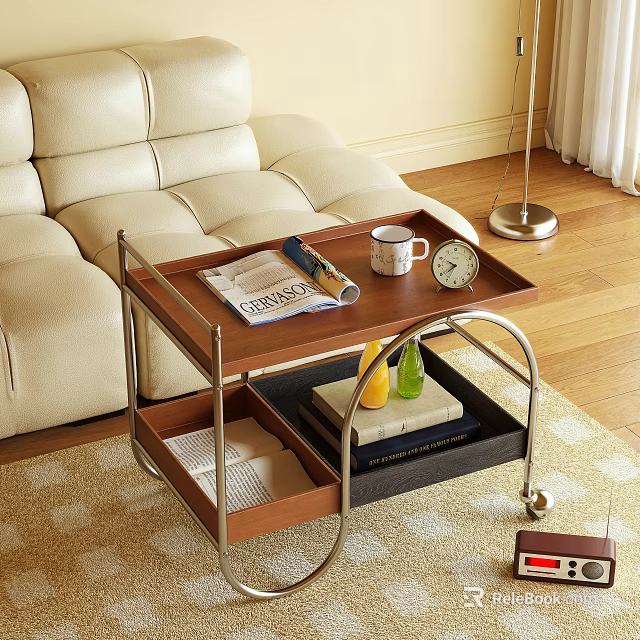 Modern Living Room Side Table with Wheels Magazines Coffee Mug Alarm Clock and Storage 3d model 