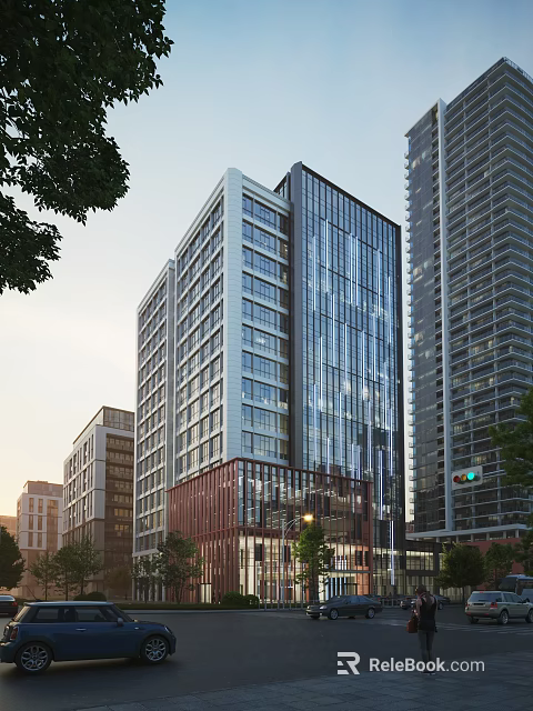 Modern High Rise Office Building With Glass Curtain Wall And Red Brick Base In Urban Setting 3d model 