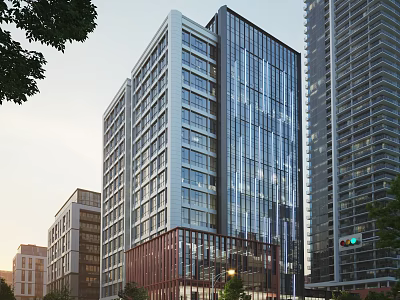 Modern High Rise Office Building With Glass Curtain Wall And Red Brick Base In Urban Setting 3d model