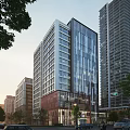 Modern High Rise Office Building With Glass Curtain Wall And Red Brick Base In Urban Setting