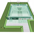 Outdoor Basketball Court Featuring Fence Benches Green Surroundings And Marked Surface
