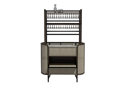 Elegant Modern Wine Cabinet With Rattan Panels Upper Stemware Rack And Storage Shelves 3d model