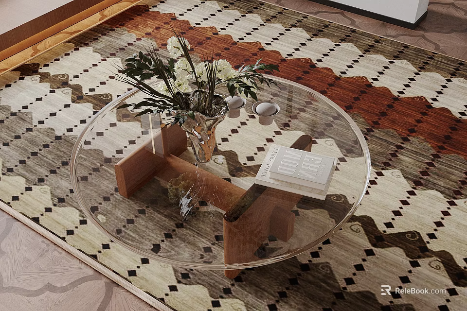 Glass Round Coffee Table with Wooden Base on Geometric Pattern Rug and Flower Vase Book 3d model 